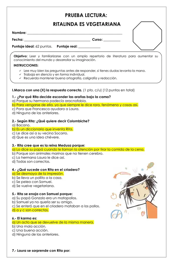 Prueba Lectura - Ritalinda es vegetariana