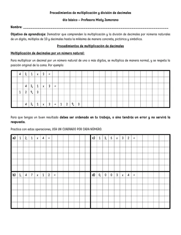 Guía completa: Multiplicación y división de decimales, 6to básico