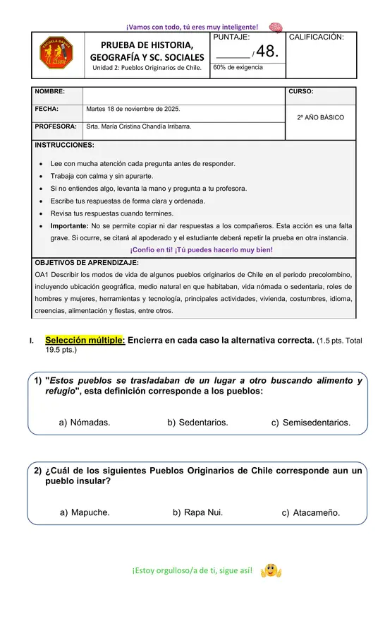 Prueba Pueblos Originarios de Chile, segundo básico. 
