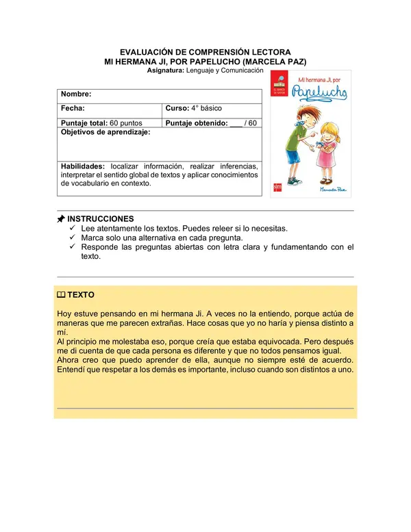 Prueba del libro "Mi hermana ji, por Papelucho"