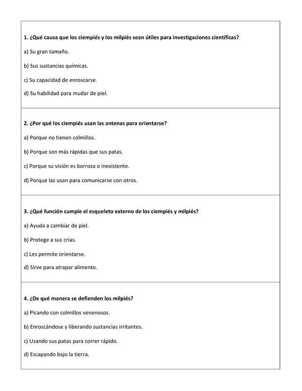 Comprensión lectora: Artículo Informativo - Los ciempiés y los milpiés