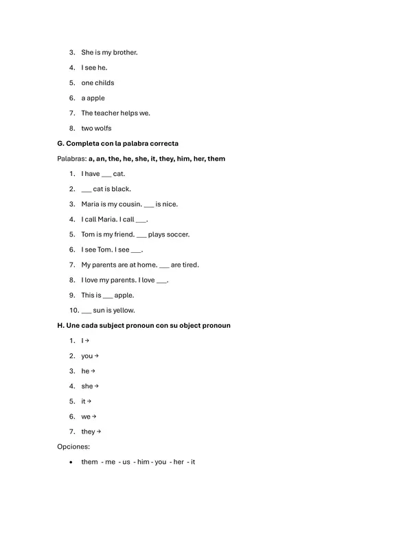 Guía de trabajo y/o prueba de la unidad de Inglés - Plural - Singular Nouns - object - subject 