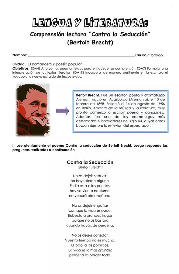 Guía de trabajo - "Contra la seducción" (Bertolt Brecht) - 7° básico (Lengua y literatura)