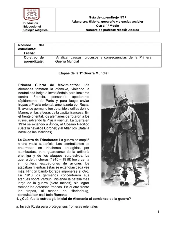 Guia de 1º Guerra Mundial: Desarrollo y consecuencias