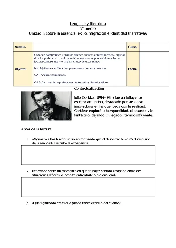 Guía de comprensión lectora del cuento "La noche boca arriba" + Pauta