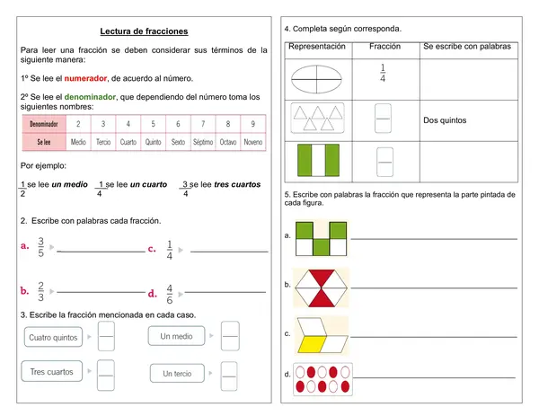Guía "Lectura de fracciones" 3°-4°año