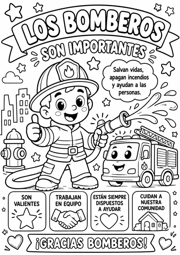 Poster Educativo de Bomberos para colorear 