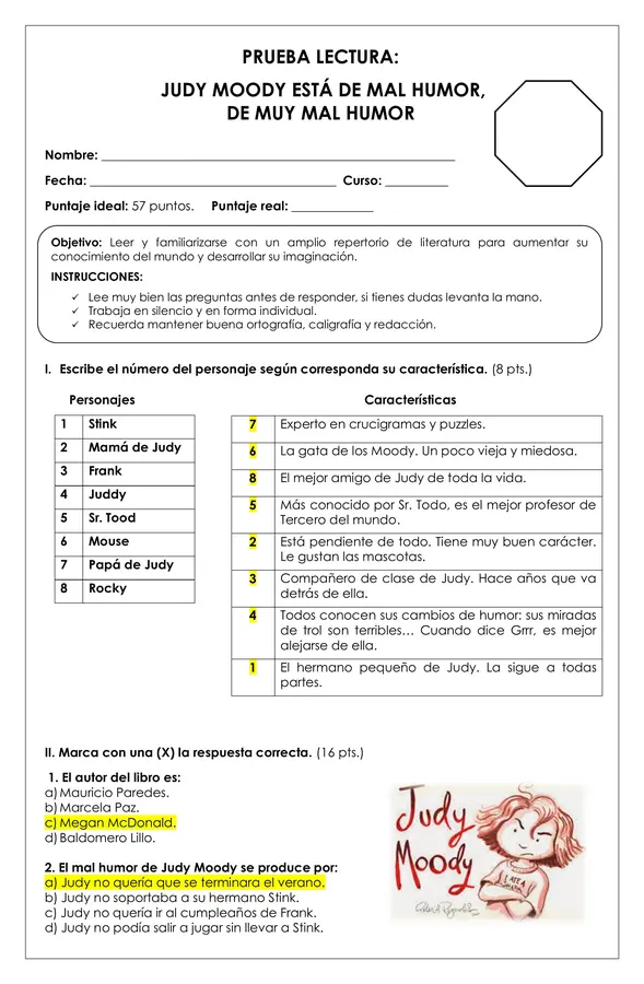 Prueba Lectura - Judy Moody está de mal humor, de muy mal humor