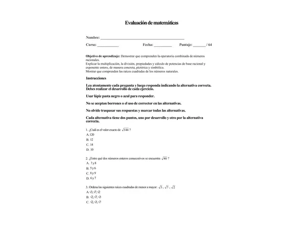 Evaluación potencias y raíces