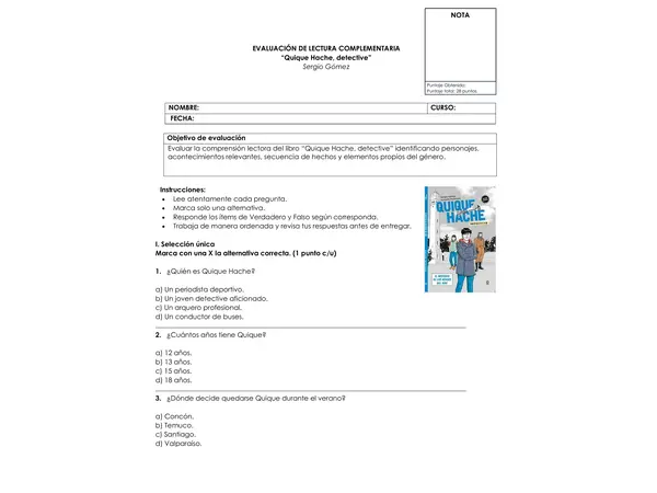 Evaluación "Quique Hache, detective" | Word Editable | OA 4 | Incluye Pauta de Corrección