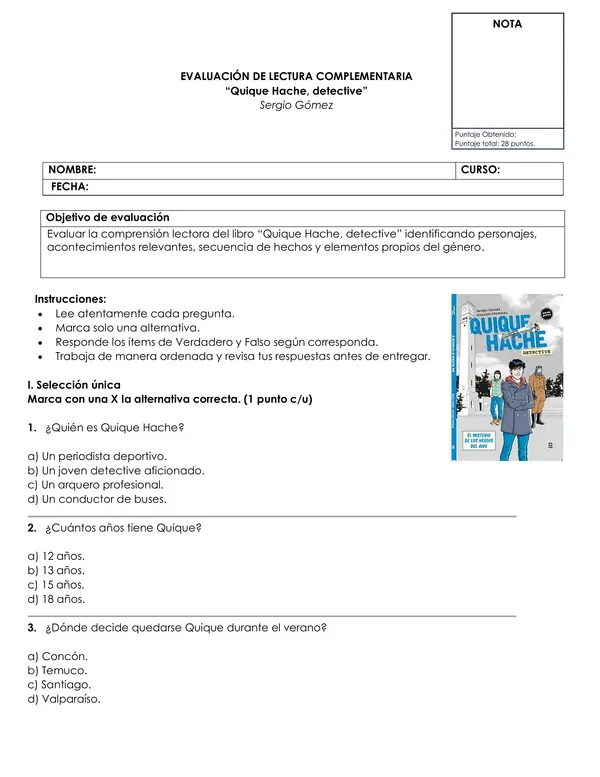 Evaluación "Quique Hache, detective" | Word Editable | OA 4 | Incluye Pauta de Corrección