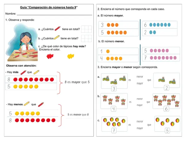 Guía "Comparación de números hasta el 9" (primer año básico)