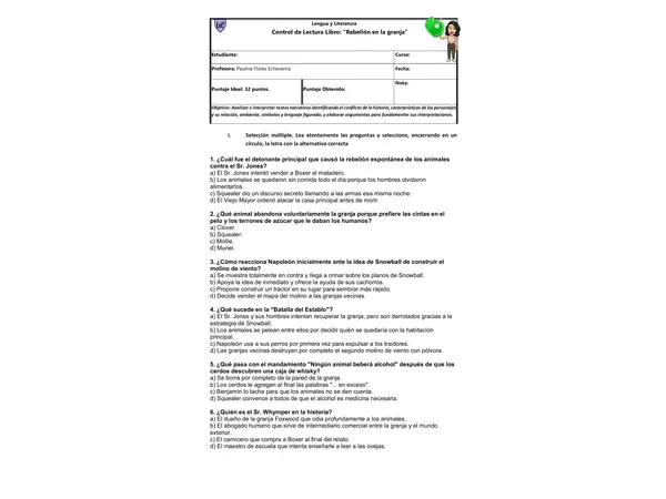Control de lectura(+claves) del libro "La rebelión en la granja"