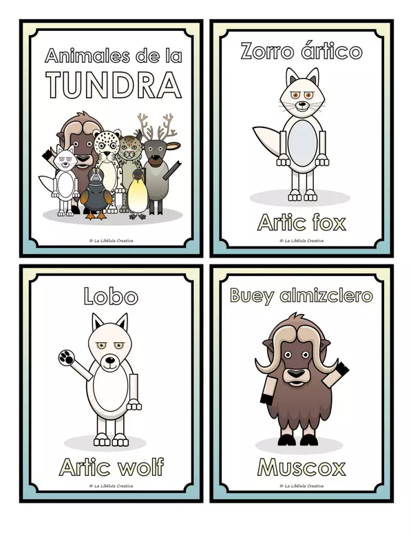 Tarjetas Ilustrativas Animales Tundra Español inglés Bilingüe Recortar Color