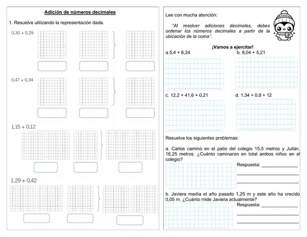 Guía de matemática 4°año "Suma de decimales"