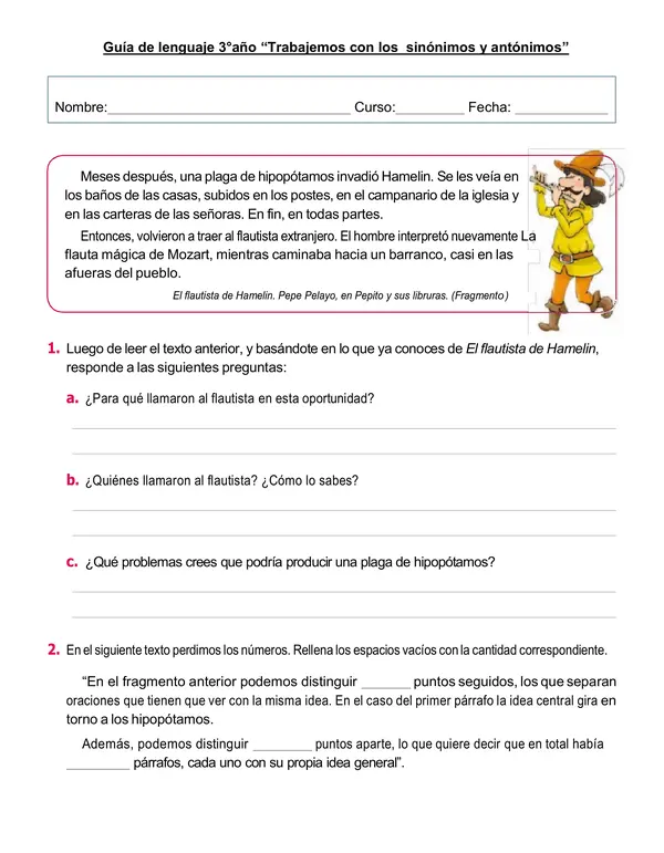 Guía lenguaje 3°año "Trabajemos con sinónimos y antónimos"
