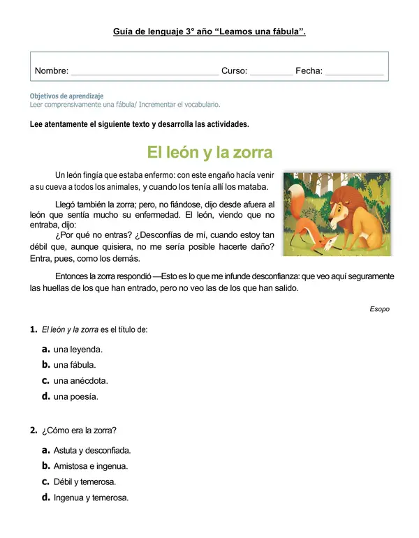 Guía de lenguaje 3°año "El león y la zorra"