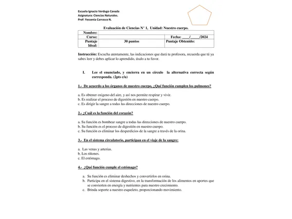 Evaluación de Unidad Nuestro cuerpo segundo Básico