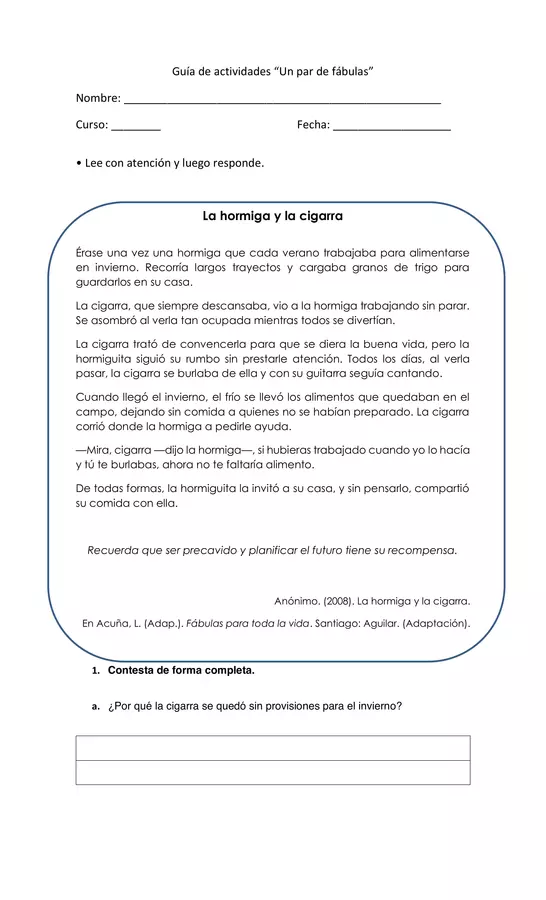 Guia de actividades fabulas, SEGUNDO BASICO, LENGUAJE