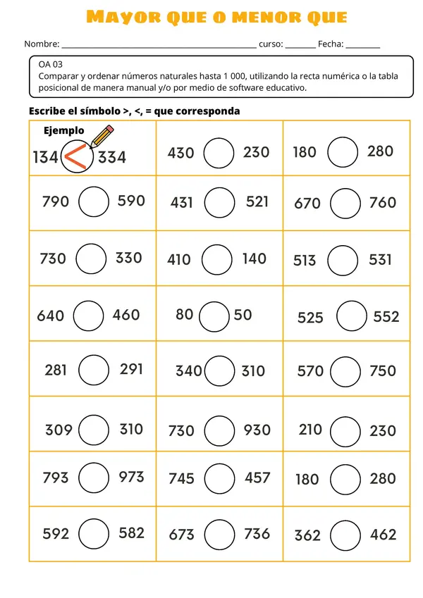 Comparación de Números hasta 1000 - Mayor, Menor o Igual