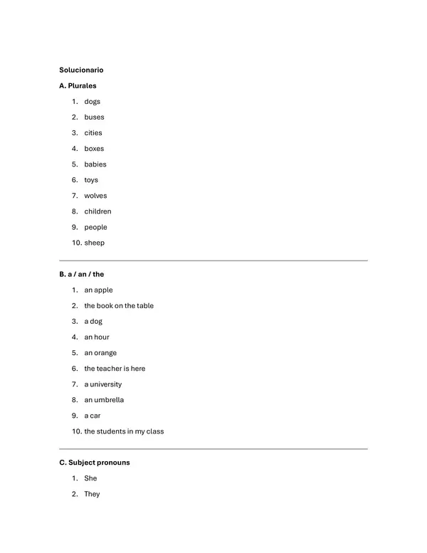 Guía de trabajo y/o prueba de la unidad de Inglés - Plural - Singular Nouns - object - subject 