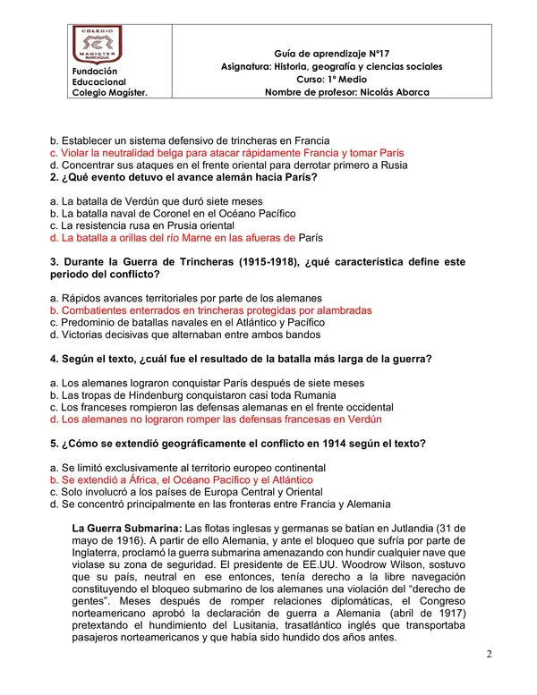 Guia de 1º Guerra Mundial: Desarrollo y consecuencias
