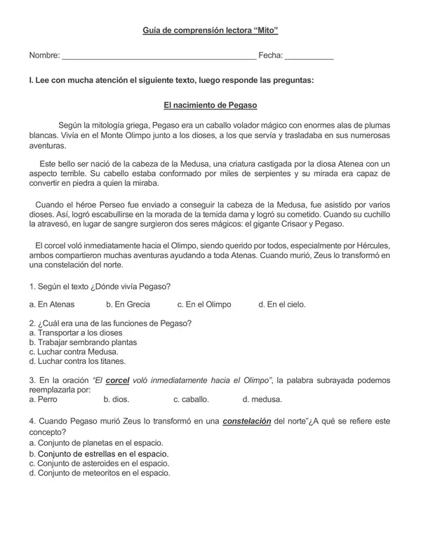 Guía comprensión lectora "mito" 4° año básico.