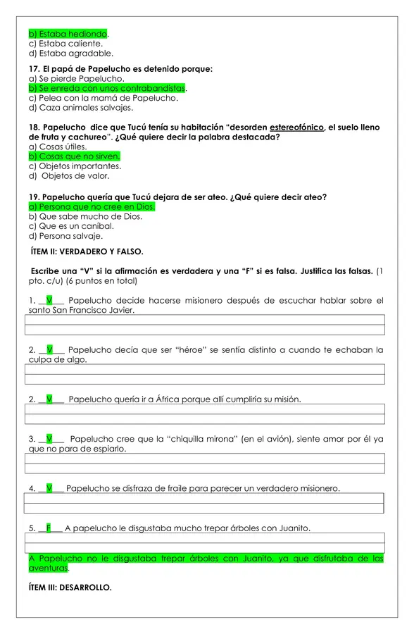 Prueba Lectura - Papelucho misionero