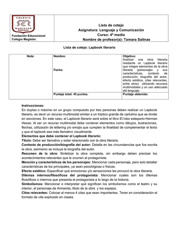 Lista de cotejo Lapbook literario sobre el libro "El lobo Estepario" de Hermann Hesse