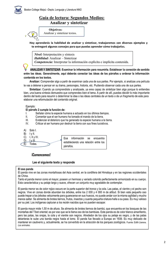 Guía comprensión lectora, segundo medio, habilidad analizar y sintetizar.