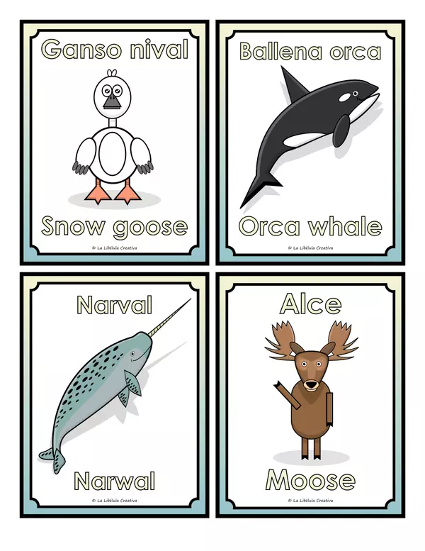 Tarjetas Ilustrativas Animales Tundra Español inglés Bilingüe Recortar Color
