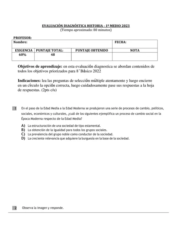 Evaluación diagnostica 1° M 2023