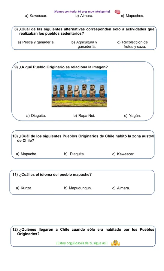 Prueba Pueblos Originarios de Chile, segundo básico. 