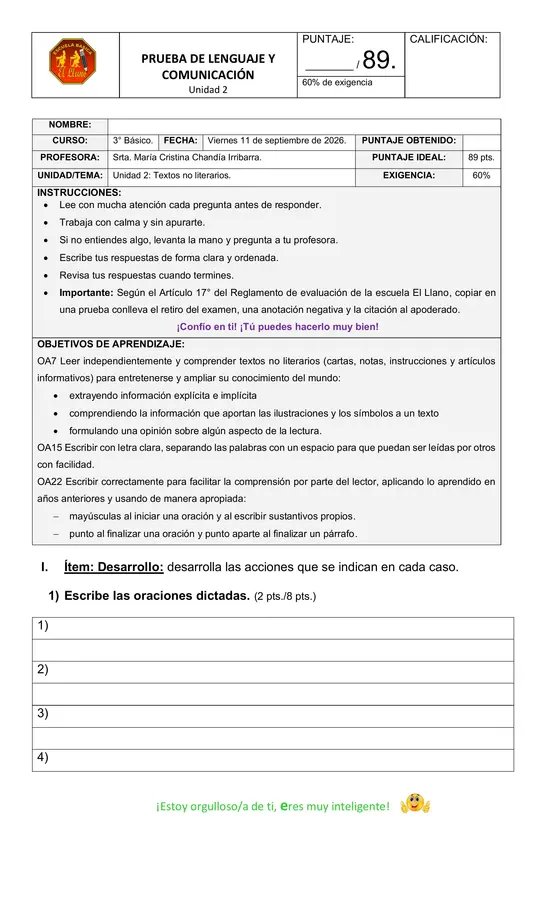 Prueba de Lenguaje 3 básico