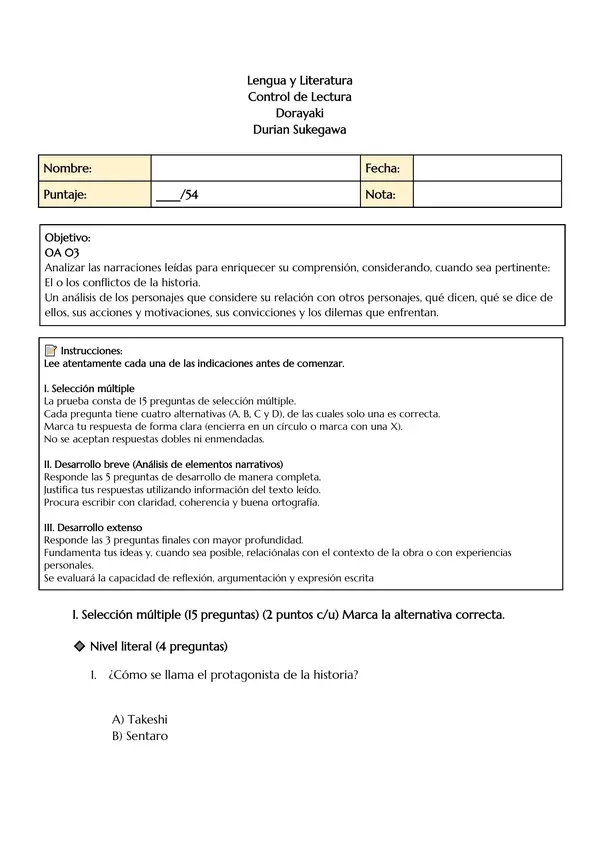 📚✨ ¡Nuevo recurso de evaluación para lectura domiciliaria! ✨📚 Incluye pauta de corrección