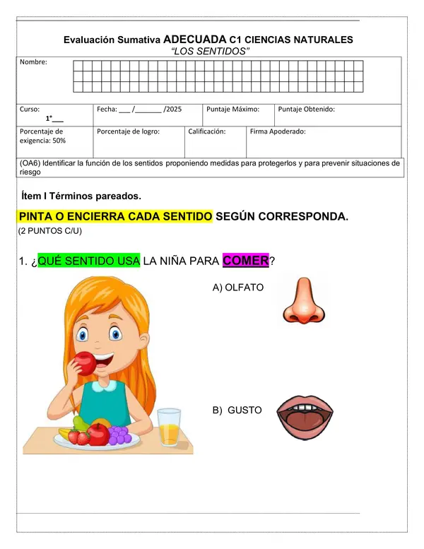 Evaluación "Los sentidos" ciencias naturales - NEEP