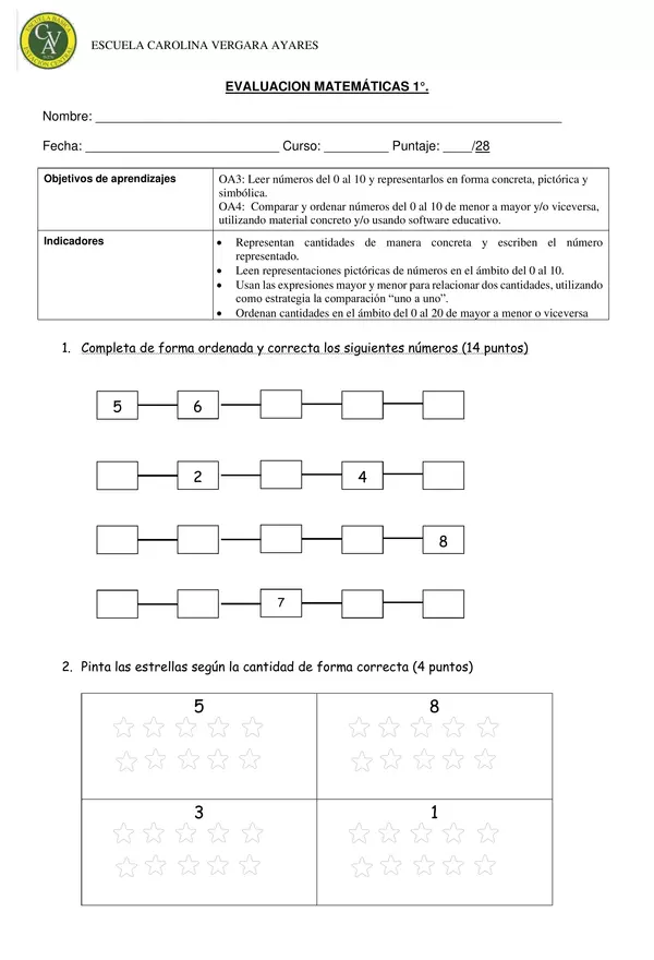 evaluación de números 1 al 10