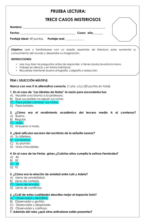 Prueba Lectura - Trece casos misteriosos