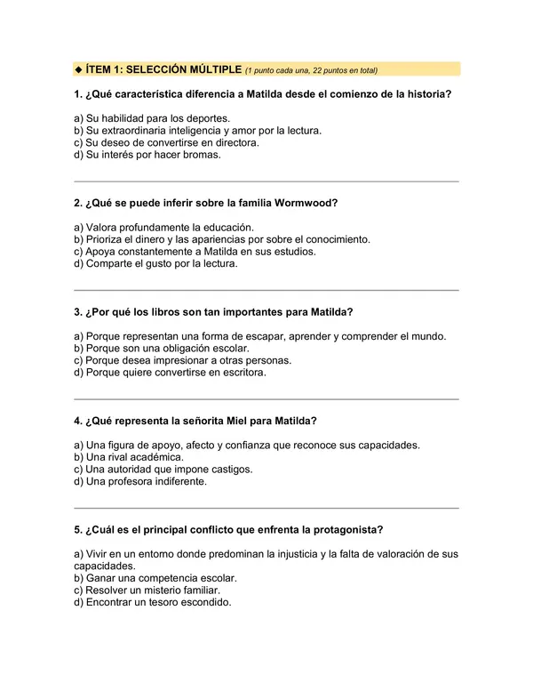 Prueba del libro "Matilda" (Roal Dahl) 5° básico