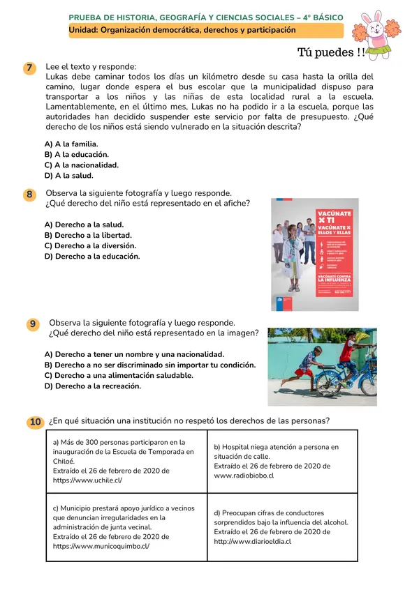 Prueba de Historia 4° Básico: Democracia, Derechos y Poderes del Estado