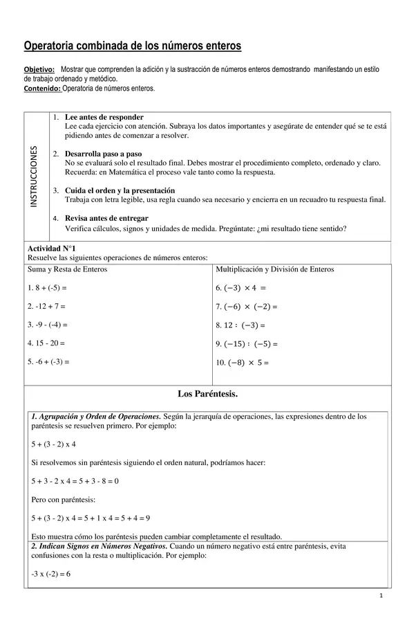 GUÍA DE OPERATORIA COMBINADA DE NÚMEROS ENTEROS + EJERCICIOS TIPO SIMCE