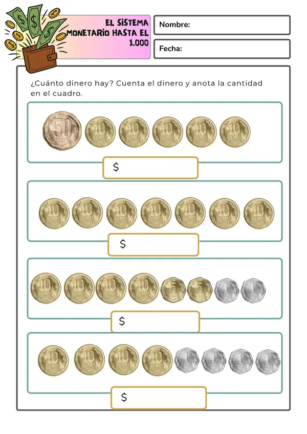 Actividad Sistema monetario hasta el 1.000 matemática