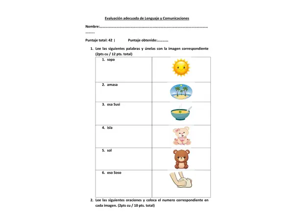 evaluación letra s y repaso de l,m y p