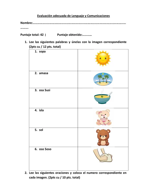 evaluación letra s y repaso de l,m y p
