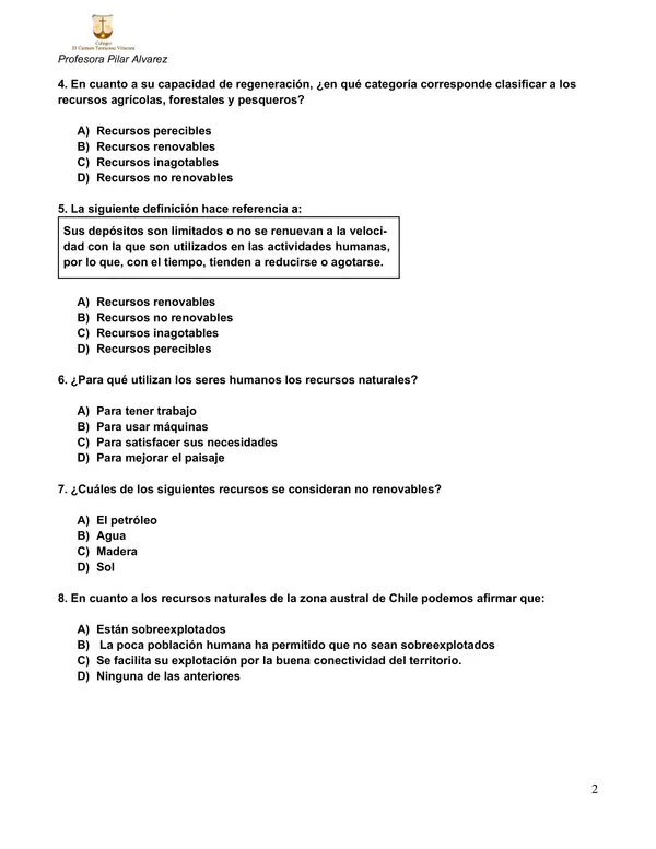 Prueba 5to básico Ciencias Sociales Zonas de Chile