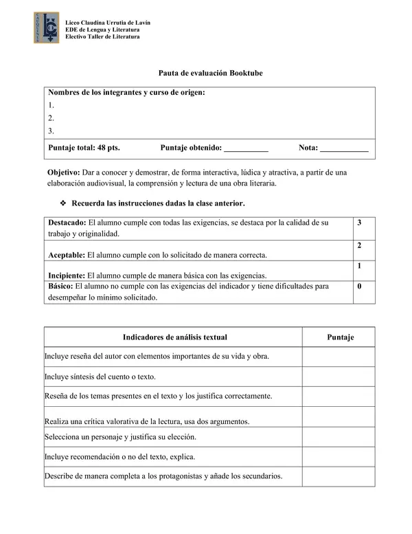 Pauta de evaluación Booktube