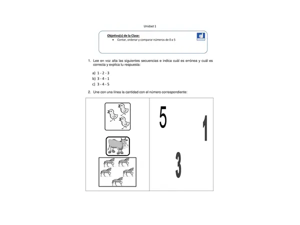 Guia de Numeros 0 a 5 para Matematica 1 Basico