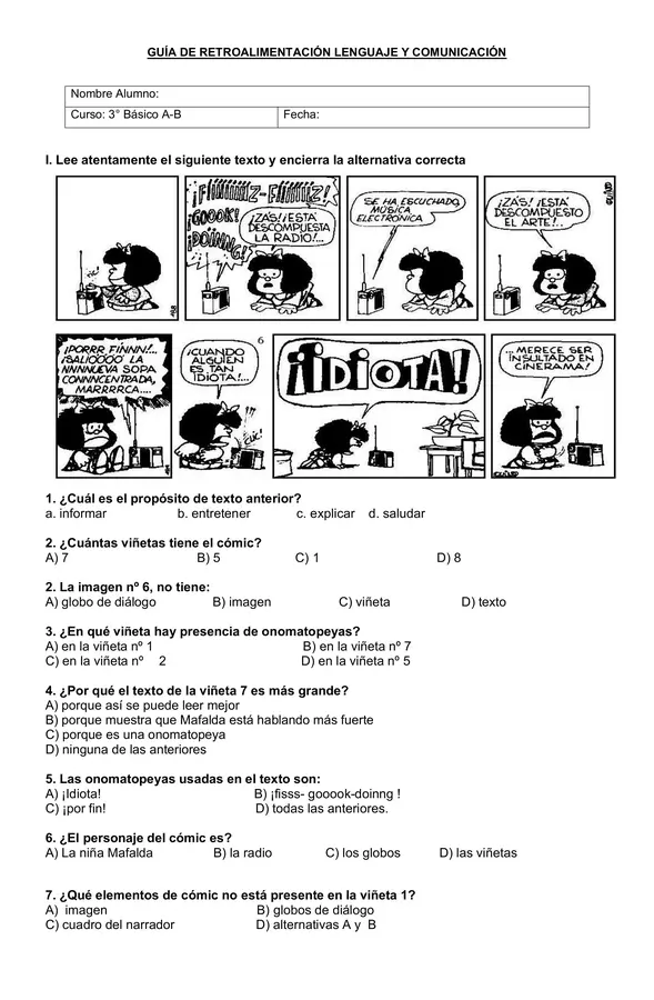 Guía comprensión lectora "Cómic" 4° año