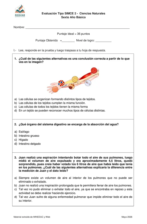 Ensayo Tipo SIMCE 6° Ciencias Naturales n° 2. 