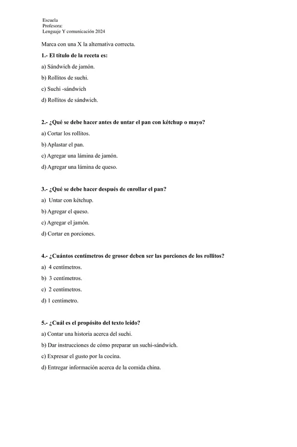 Evaluación de un texto instructivo (Receta de cocina)